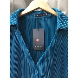 KOJOOIN‎ Women's Teal Blue Long Sleeve Collared Pleated Blouse Top 2XL